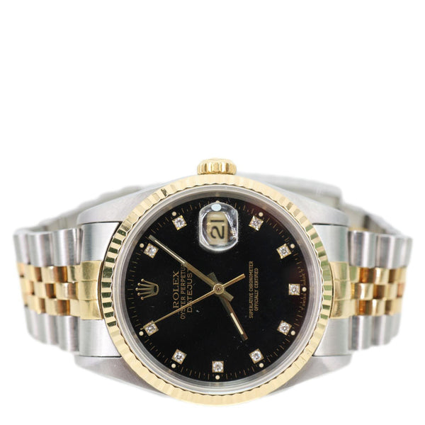 Rolex  Datejust 36mm 18k Gold Steel Fluted Bezel Black Diamond Dial Watch 16233