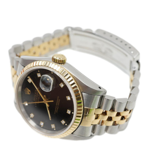 Rolex  Datejust 36mm 18k Gold Steel Fluted Bezel Black Diamond Dial Watch 16233