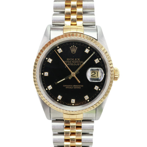 Rolex  Datejust 36mm 18k Gold Steel Fluted Bezel Black Diamond Dial Watch 16233