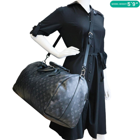 LOUIS VUITTON Keepall 55 Bandouliere Monogram Eclipse Travel Bag Black