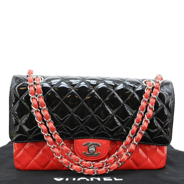 CHANEL Classic Double Flap Medium Quilted Patent Leather Shoulder Bag Bicolor