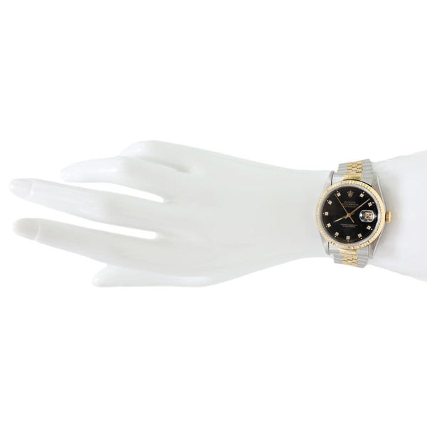 Rolex  Datejust 36mm 18k Gold Steel Fluted Bezel Black Diamond Dial Watch 16233