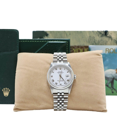 Rolex Datejust 36mm Stainless Steel Engine Turned Bezel White Roman Dial Watch 16220