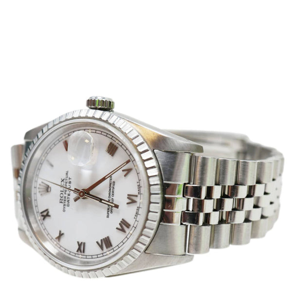 Rolex Datejust 36mm Stainless Steel Engine Turned Bezel White Roman Dial Watch 16220