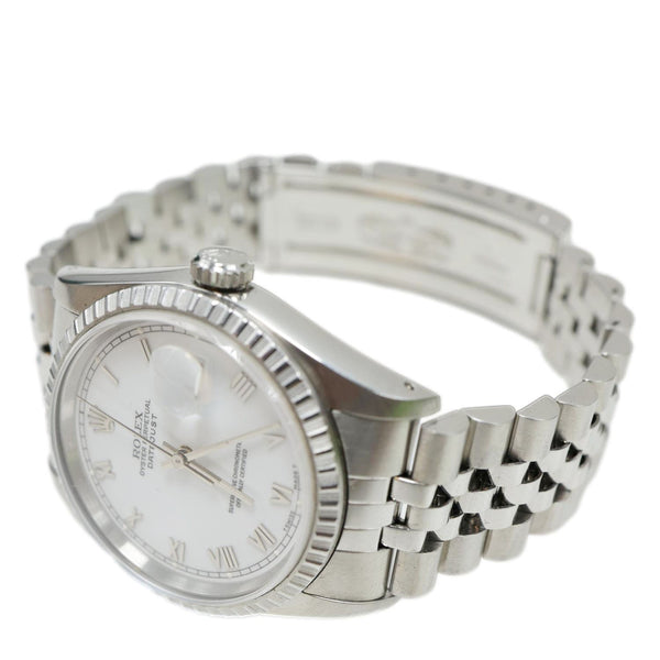 Rolex Datejust 36mm Stainless Steel Engine Turned Bezel White Roman Dial Watch 16220