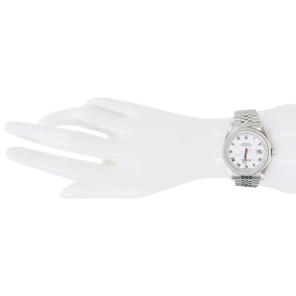 Rolex Datejust 36mm Stainless Steel Engine Turned Bezel White Roman Dial Watch 16220