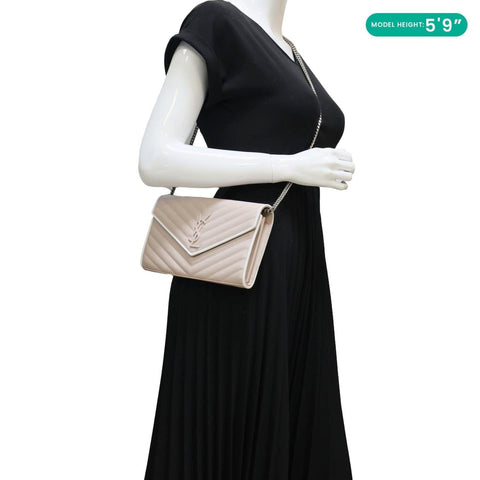 YVES SAINT LAURENT Envelope Flap Chevron Caviar Leather Chain Shoulder Bag Pink