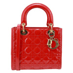 CHRISTIAN DIOR Lady Dior Medium Cannage Patent Leather Tote Shoulder Bag Red