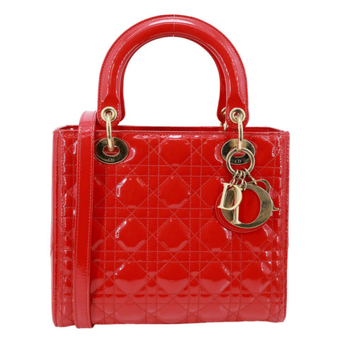CHRISTIAN DIOR Lady Dior Medium Cannage Patent Leather Tote Shoulder Bag Red