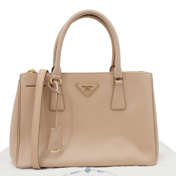 PRADA Galleria Double Zip Saffiano Leather Top Handle Tote Bag Beige