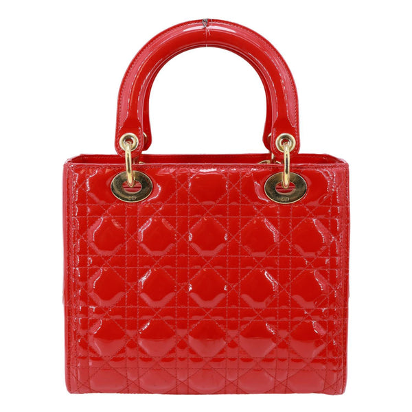 CHRISTIAN DIOR Lady Dior Medium Cannage Patent Leather Tote Shoulder Bag Red