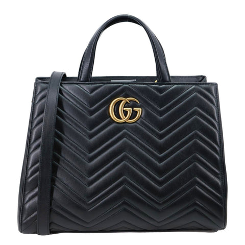 GUCCI GG Marmont Medium Calfskin Matelasser Leather Tote Shoulder Bag Black 443505