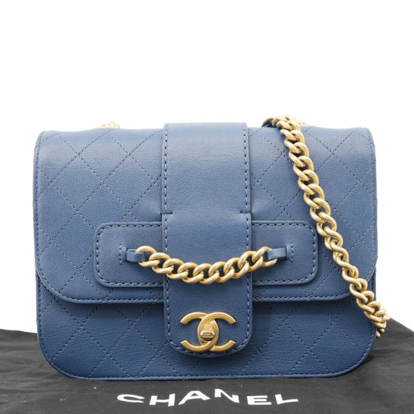 CHANEL Front Chain Flap Quilted Leather Shoulder Bag Blue