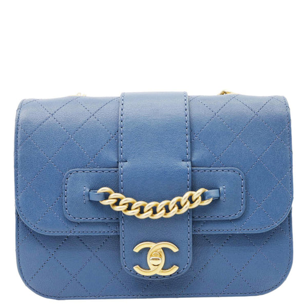 CHANEL Front Chain Flap Quilted Leather Shoulder Bag Blue