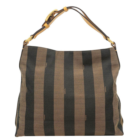 FENDI Pequin Stripe Canvas Hobo Bag Tobacco