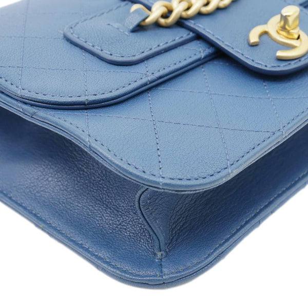 CHANEL Front Chain Flap Quilted Leather Shoulder Bag Blue