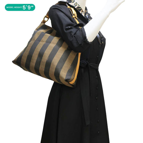 FENDI Pequin Stripe Canvas Hobo Bag Tobacco