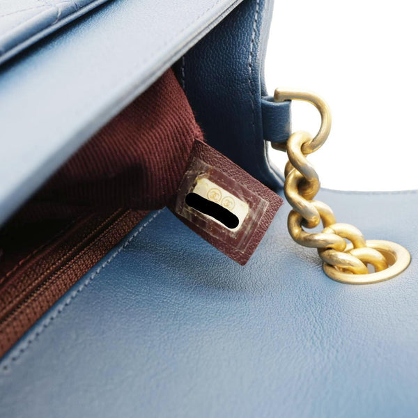 CHANEL Front Chain Flap Quilted Leather Shoulder Bag Blue