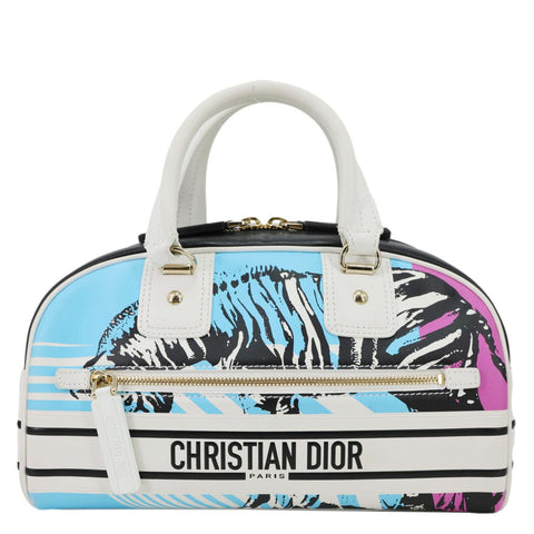 CHRISTIAN DIOR Vibe Zip Bowling Small Calfskin Leather Satchel Bag Blue