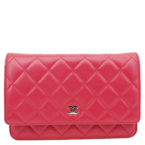 CHANEL Quilted Lambskin Leather Wallet On Chain Bag Dark Pink