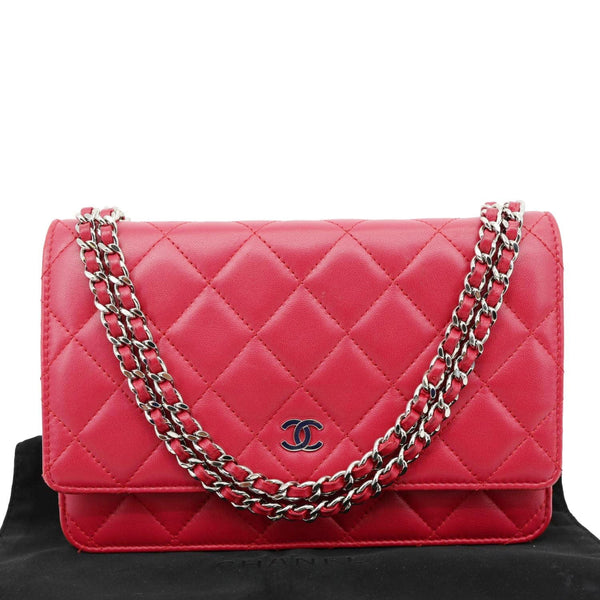 CHANEL Quilted Lambskin Leather Wallet On Chain Bag Dark Pink