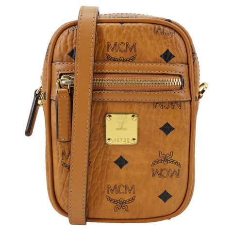 MCM Mini Visetos Canvas  Chain Crossbody Bag Cognac