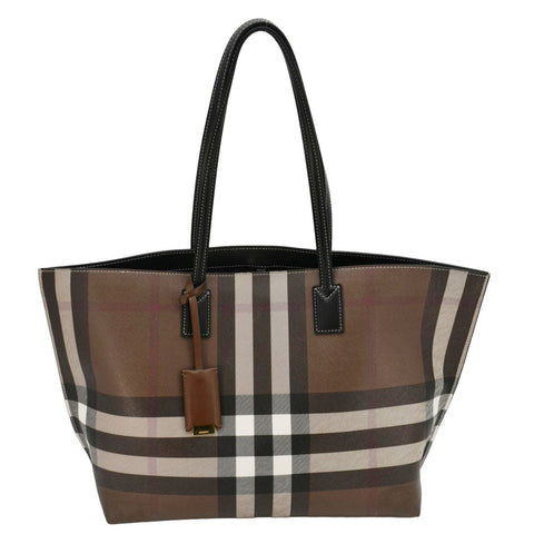 BURBERRY Check E-Canvas Tote Bag Brown