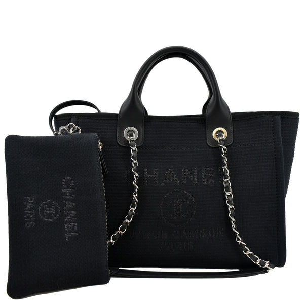 CHANEL Deauville Small Canvas Leather Tote Bag Dark Blue