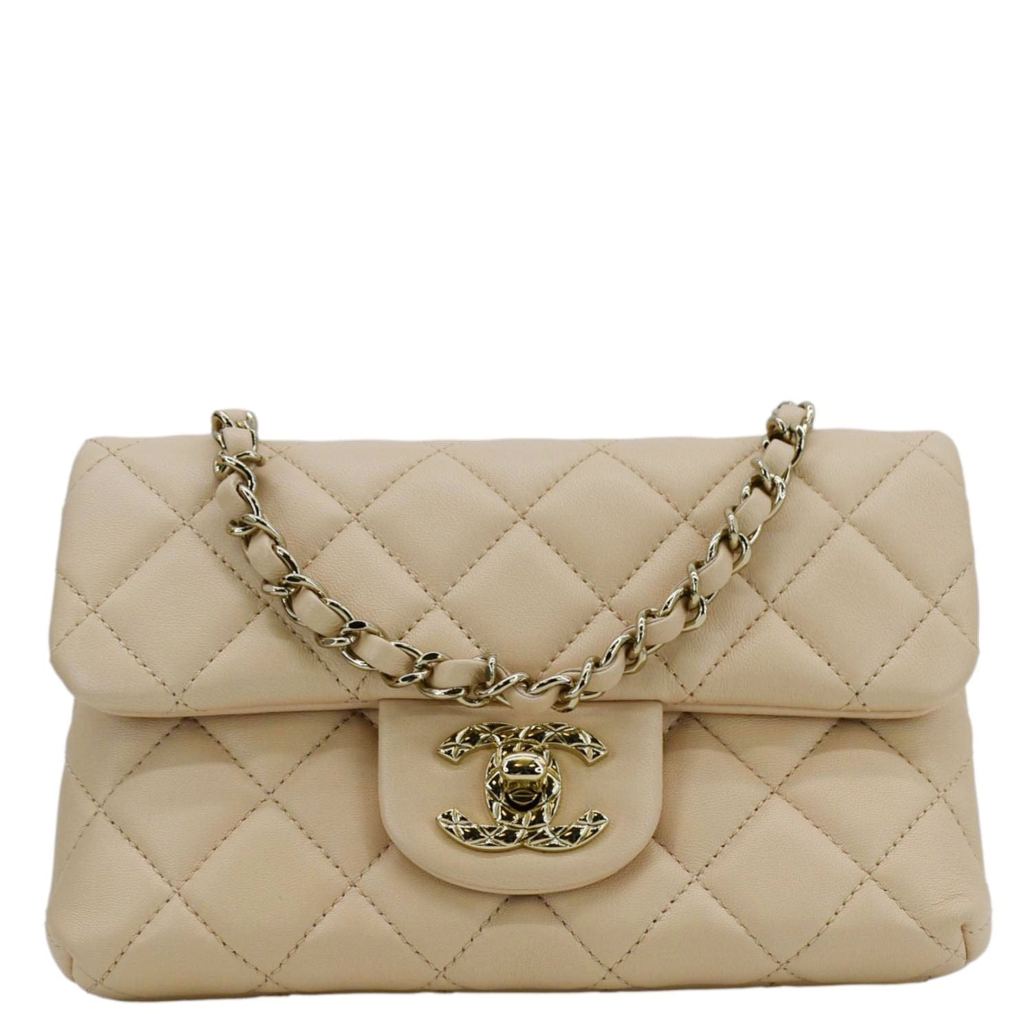 CHANEL Mini Rectangular Flap Quilted Leather Crossbody Bag Beige front look