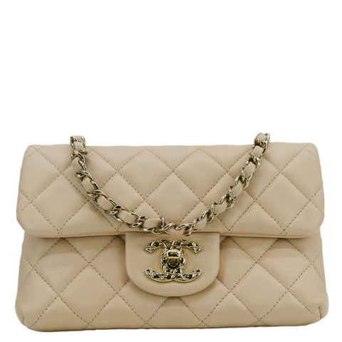 CHANEL Mini Rectangular Flap Quilted Leather Crossbody Bag Beige