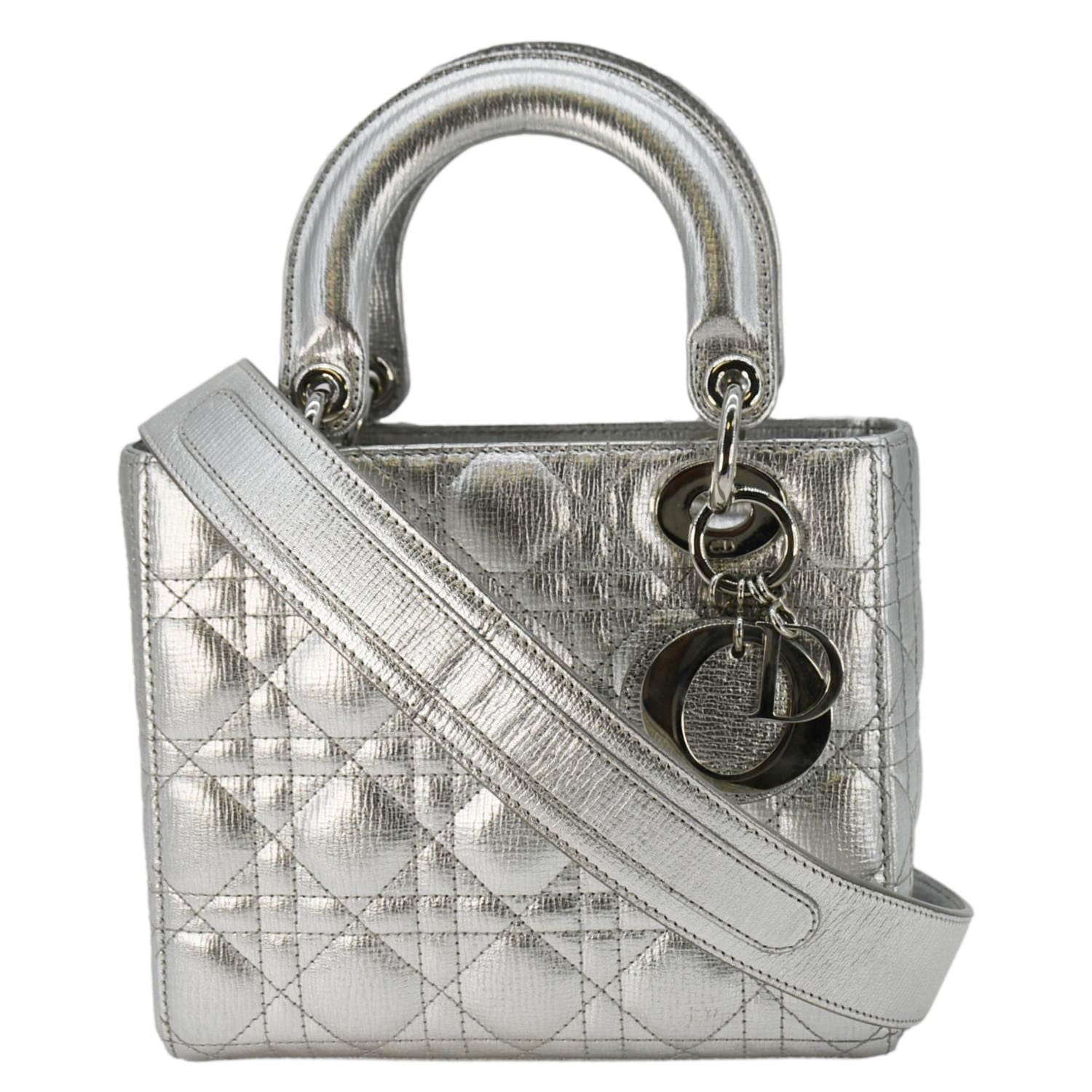 CHRISTIAN DIOR Lady Dior Leather Shoulder Bag Metallic Silver  front look