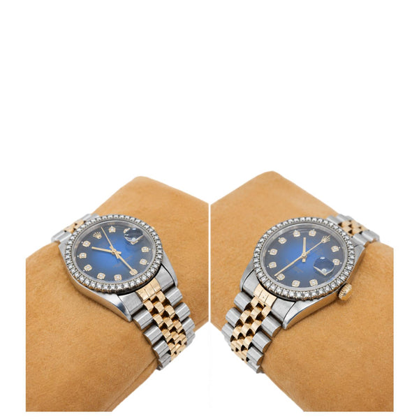 Rolex Datejust 18k Gold Steel 36mm Diamond Bezel Blue Vignette Dial Watch 16233