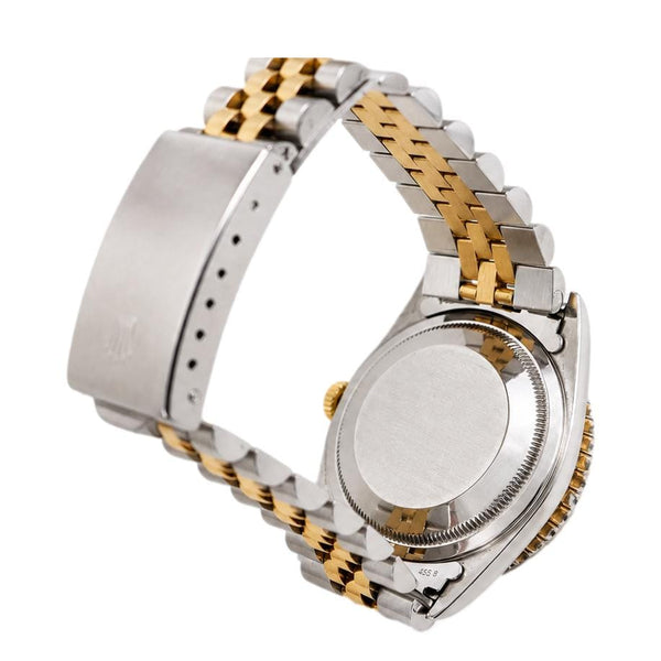 Rolex Datejust 18k Gold Steel 36mm Diamond Bezel Blue Vignette Dial Watch 16233