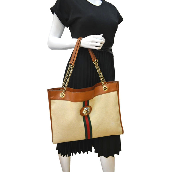 GUCCI Rajah Large Leather Tote Shoulder Bag Sand 537219