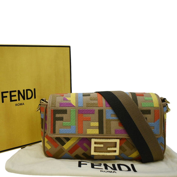 FENDI Vitello King FF Embroidered Baguette Canvas Shoulder Bag Cuoio