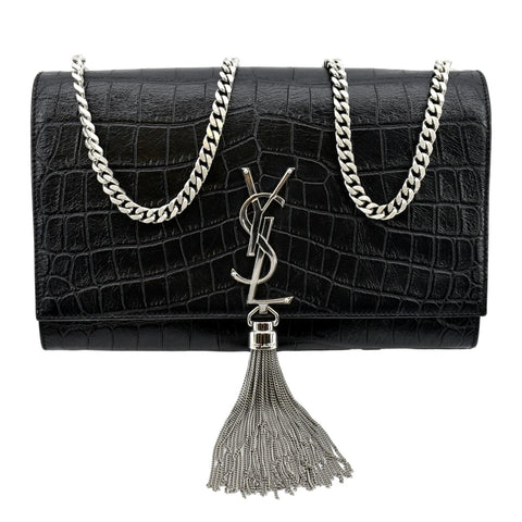 YVES SAINT LAURENT Kate Crocodile Embossed Leather Shoulder Bag Black