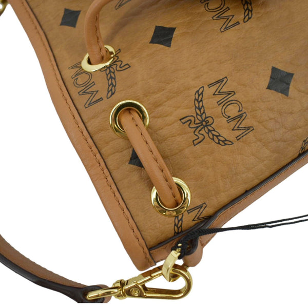 MCM Drawstring Visetos Canvas Bucket Bag Cognac
