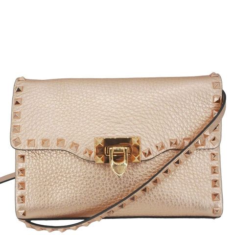 VALENTINO Garavani Rockstud Medium Pebbled Calfskin Leather Crossbody Golden