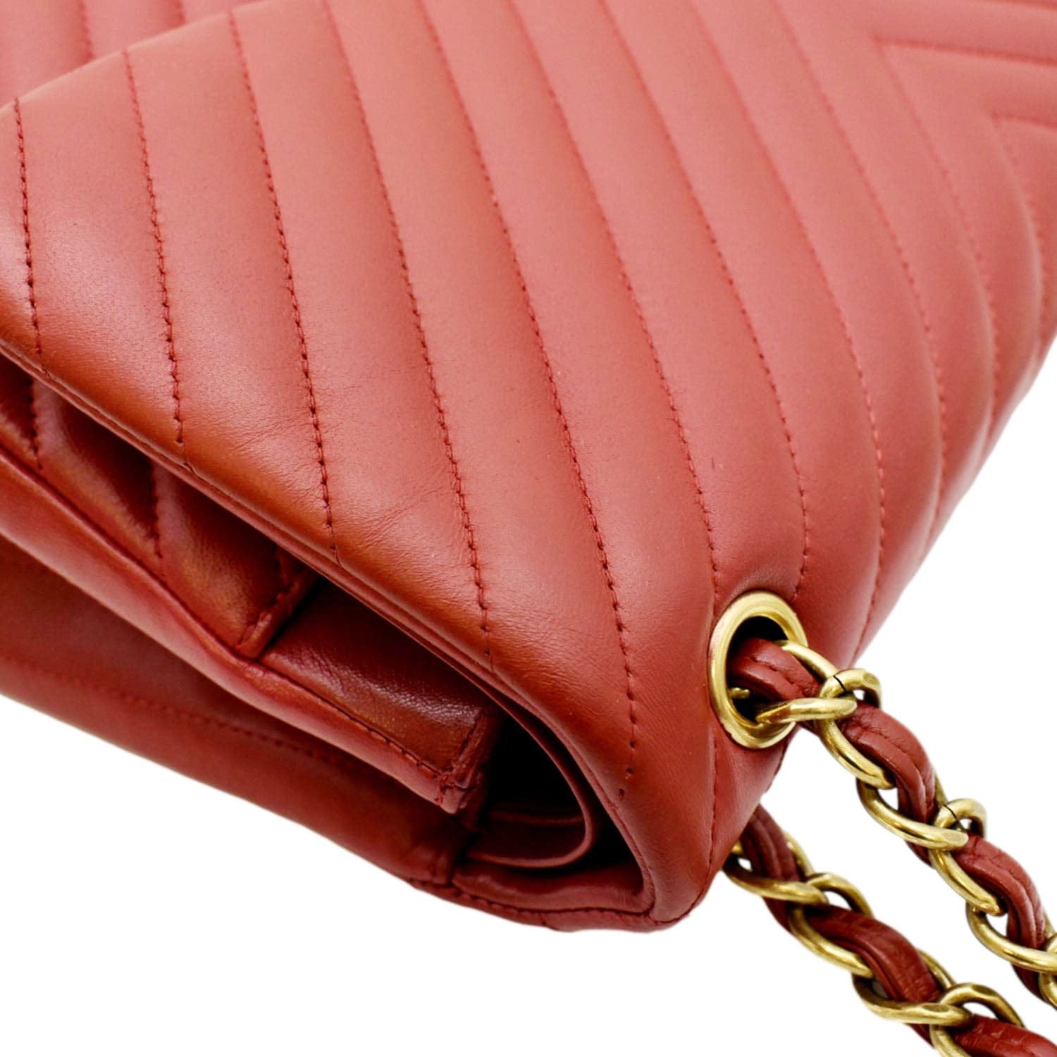 CHANEL Chevron Jumbo Rectangular Flap Quilted Leather Shoulder Bag Red