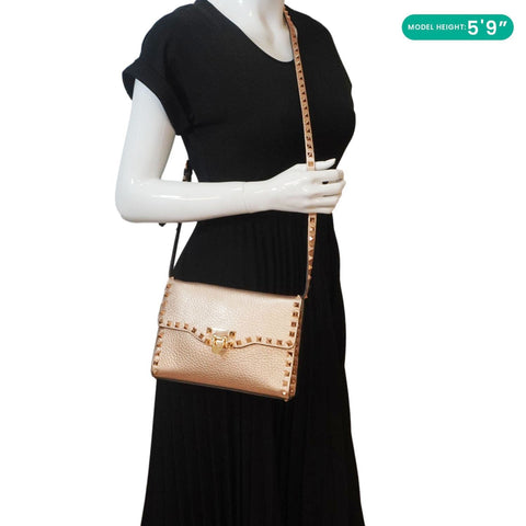 VALENTINO Garavani Rockstud Medium Pebbled Calfskin Leather Crossbody Golden