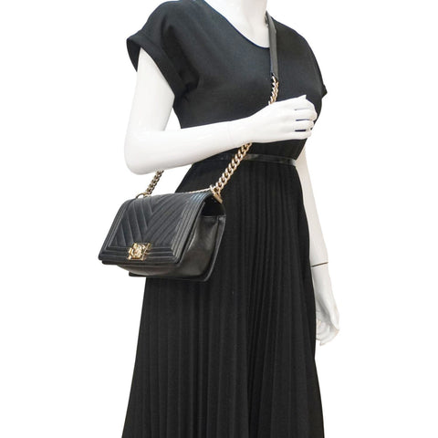 CHANEL Boy Flap Chevron Leather Shoulder Bag Black