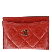 Chanel CC Card Holder Quilted Caviar Leather Wallet Red Color