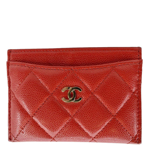 CHANEL CC Card Holder Quilted Caviar Leather Wallet Red