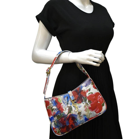 YVES SAINT LAURENT LE 5 a 7 Floral Printed Leather Hobo Bag White