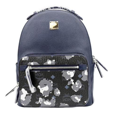 MCM Leopard Klassik Visetos Leather Backpack Bag Navy Blue