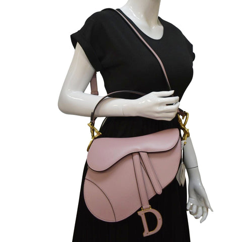 CHRISTIAN DIOR Saddle Smooth Calfskin Leather Satchel Shoulder Bag Antique Pink
