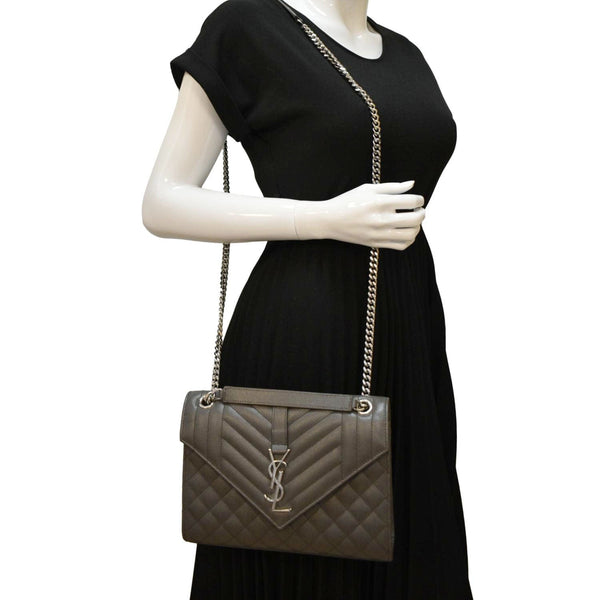 YVES SAINT LAURENT Envelope Chain Medium Mix Matelassé Leather Crossbody Bag Grey