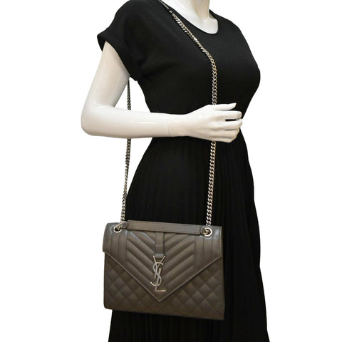 YVES SAINT LAURENT Envelope Chain Medium Mix Matelassé Leather Crossbody Bag Grey