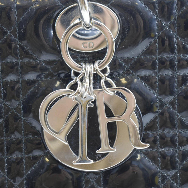 CHRISTIAN DIOR Lady Dior Large Quilted Patent Leather Shoulder Bag Black