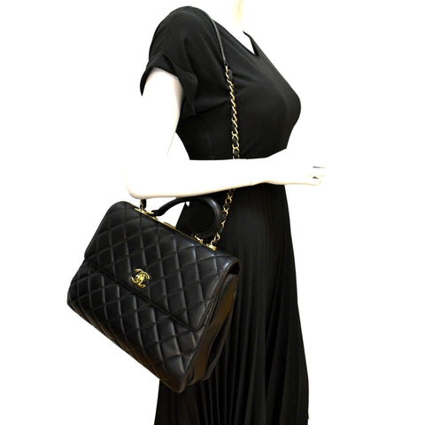 CHANEL Trendy CC Top Handle Flap Quilted Leather Shoulder Bag Black